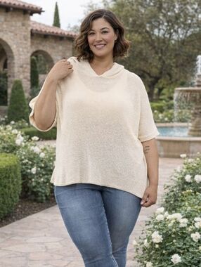 Heyson, short sleeve, loose knit, hooded top, 2X